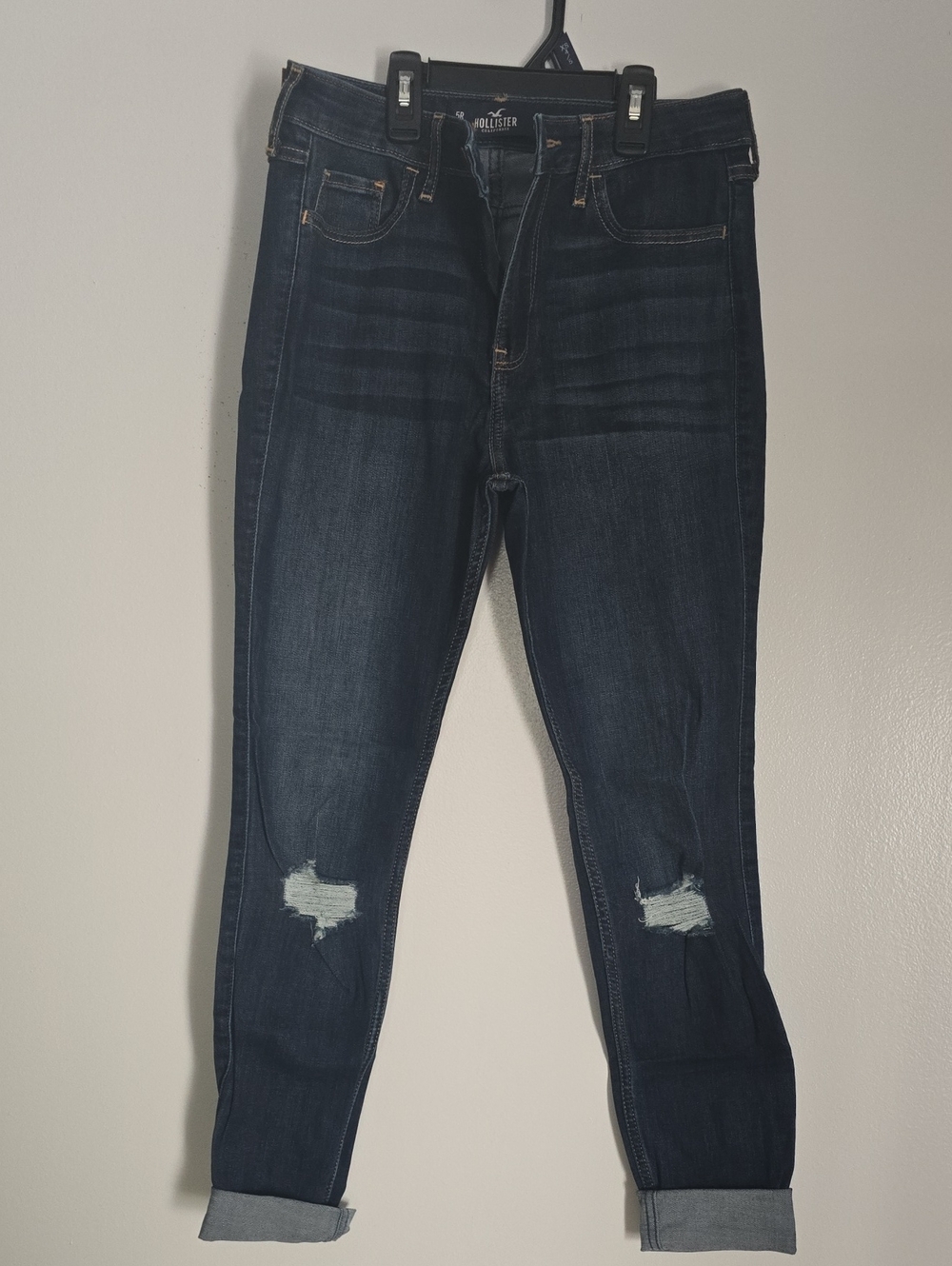 Hollister Women's Dark Indigo Skinny Jeans with Knee Rips